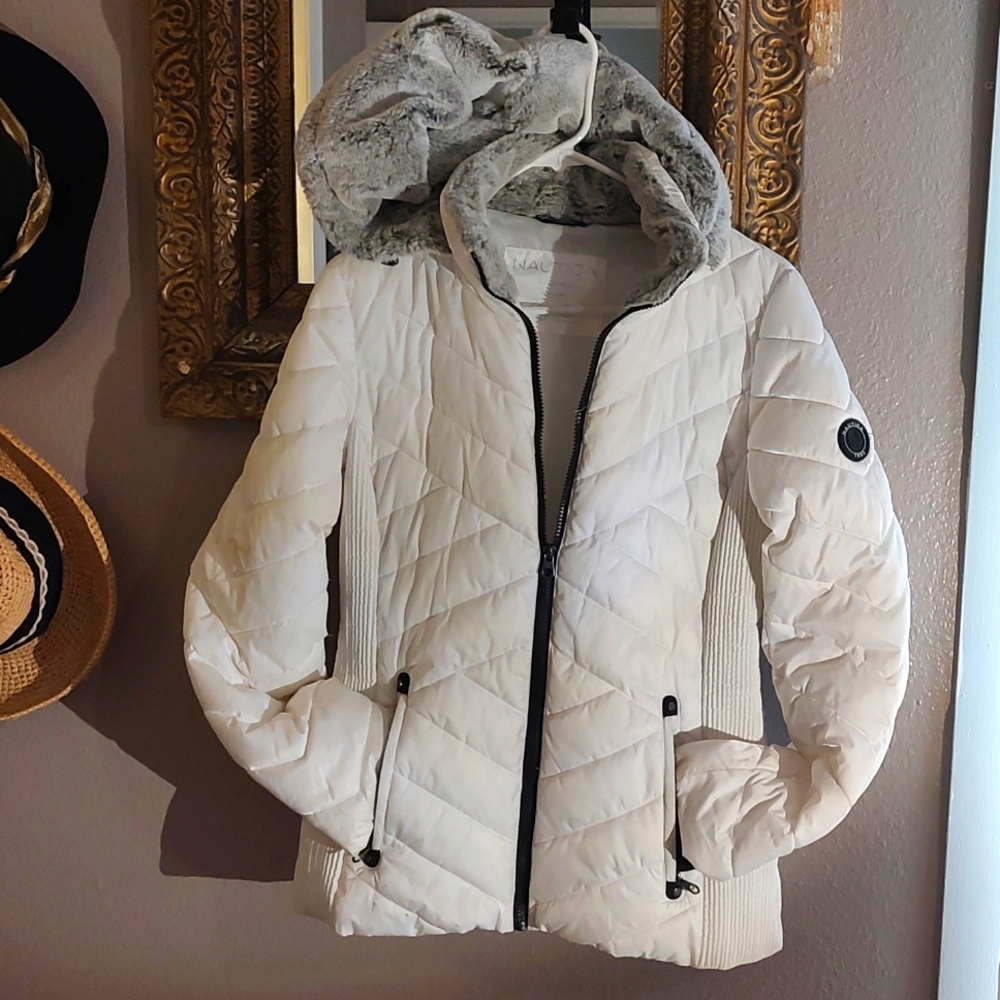 Woman's Nautica Quilted Hooded Faux Fur Coat